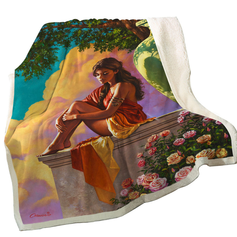 Art Painting of Roses and Beautiful Girl Throw Blanket