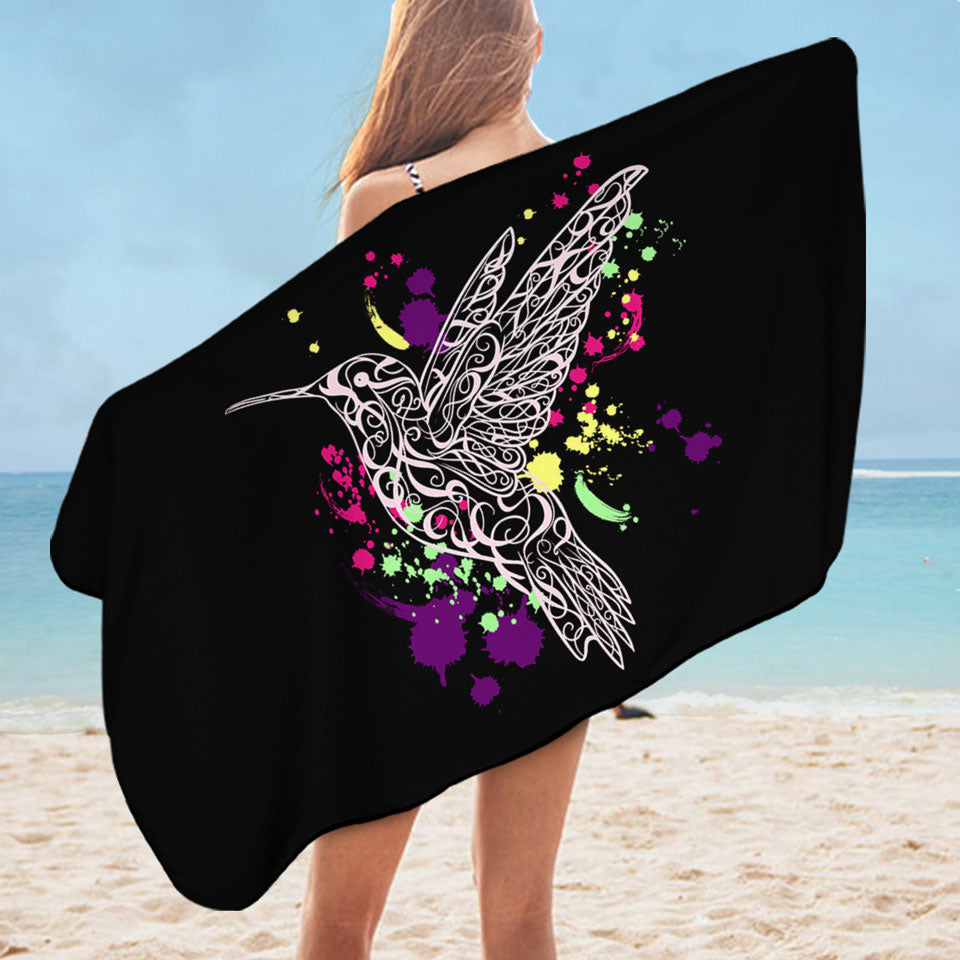 Art Pool Towel with Multi Colored Splashes and Pinkish Hummingbird