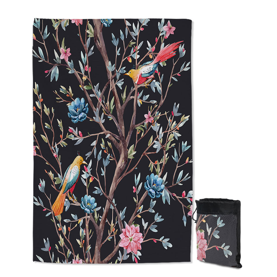 Art Quick Dry Beach Towel Painting Flowering Bird Tree