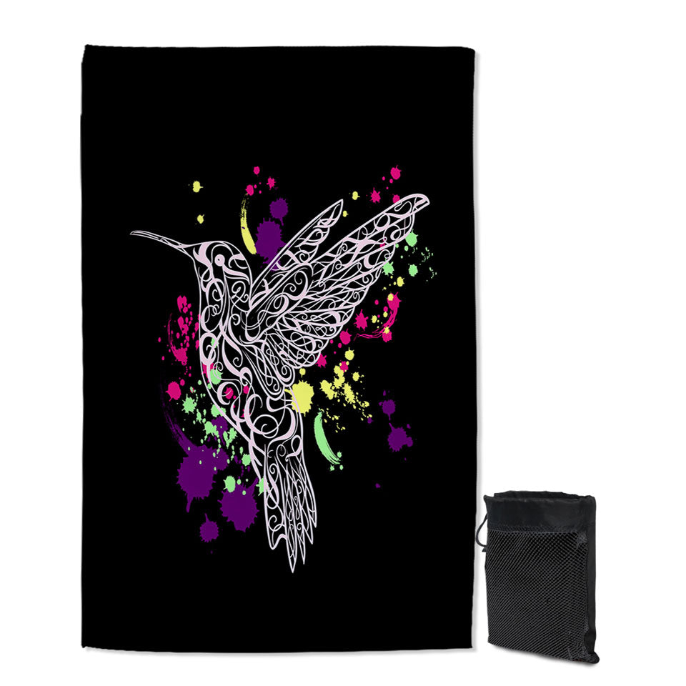 Art Quick Dry Towel with Multi Colored Splashes and Pinkish Hummingbird