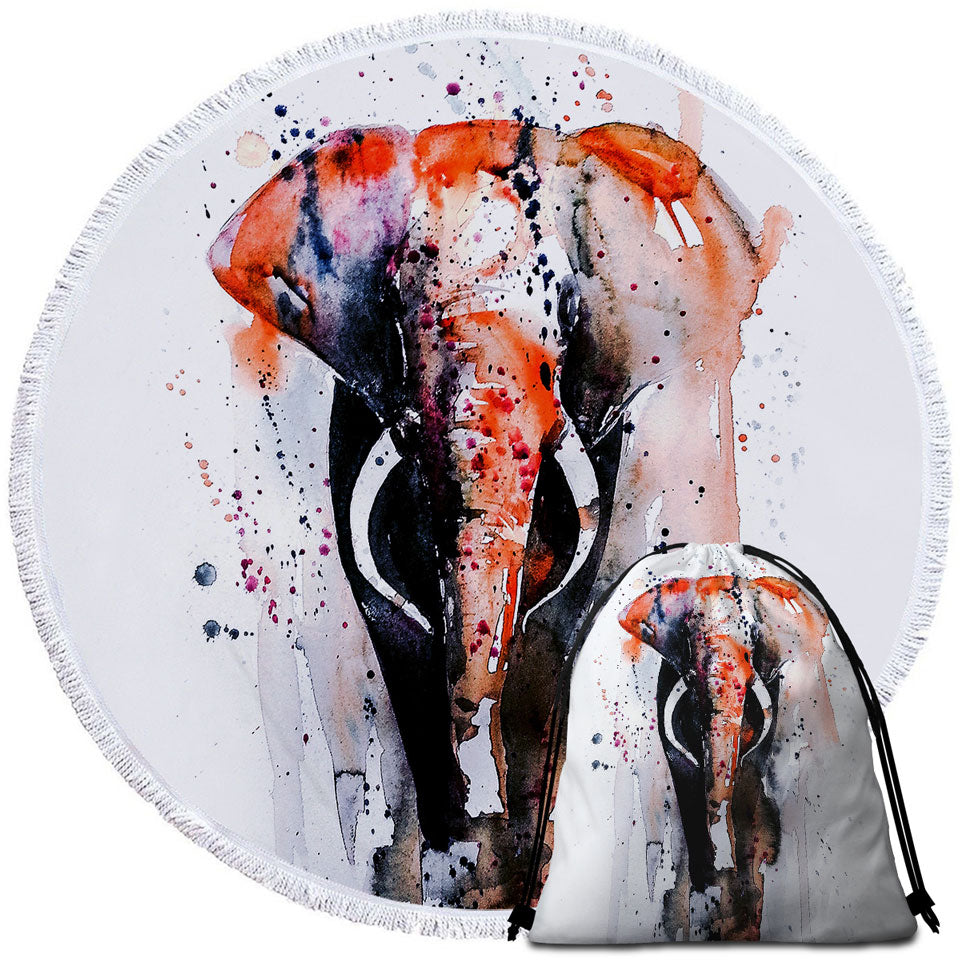 Art Round Beach Towel Painting Dark Colored Elephant