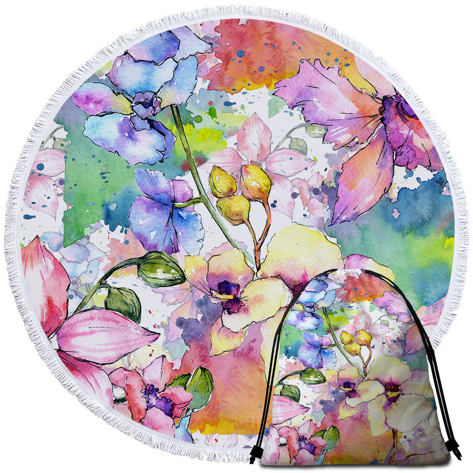 Art Round Beach Towel and Bag Watercolor Art Painting Flowers