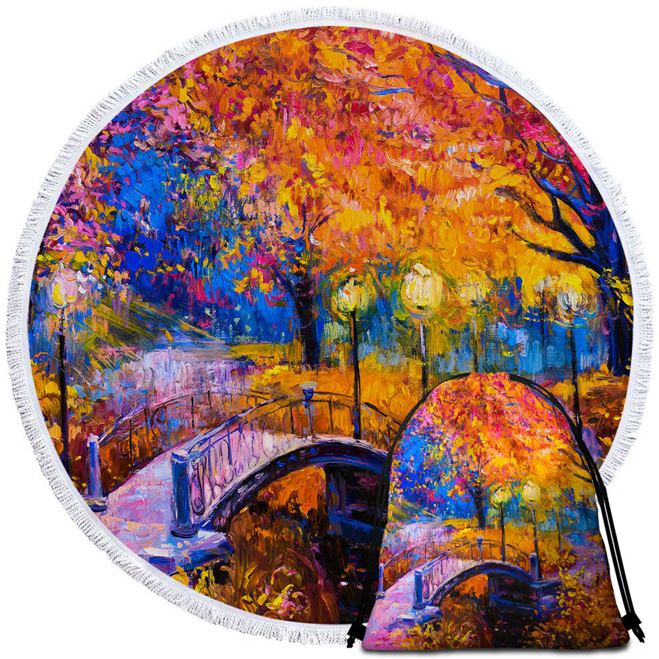 Art Round Beach Towels Wooded Park and Bridge Gorgeous Autumn