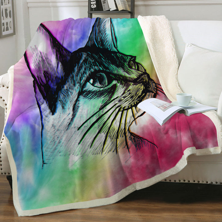 Art Sherpa Blanket Cat Drawing over Colorful Fog