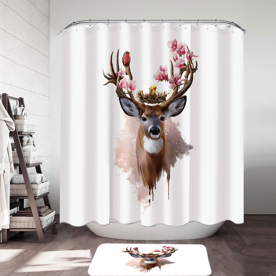 Art Shower Curtain Painting Cute Birds Nest on Deer Antlers