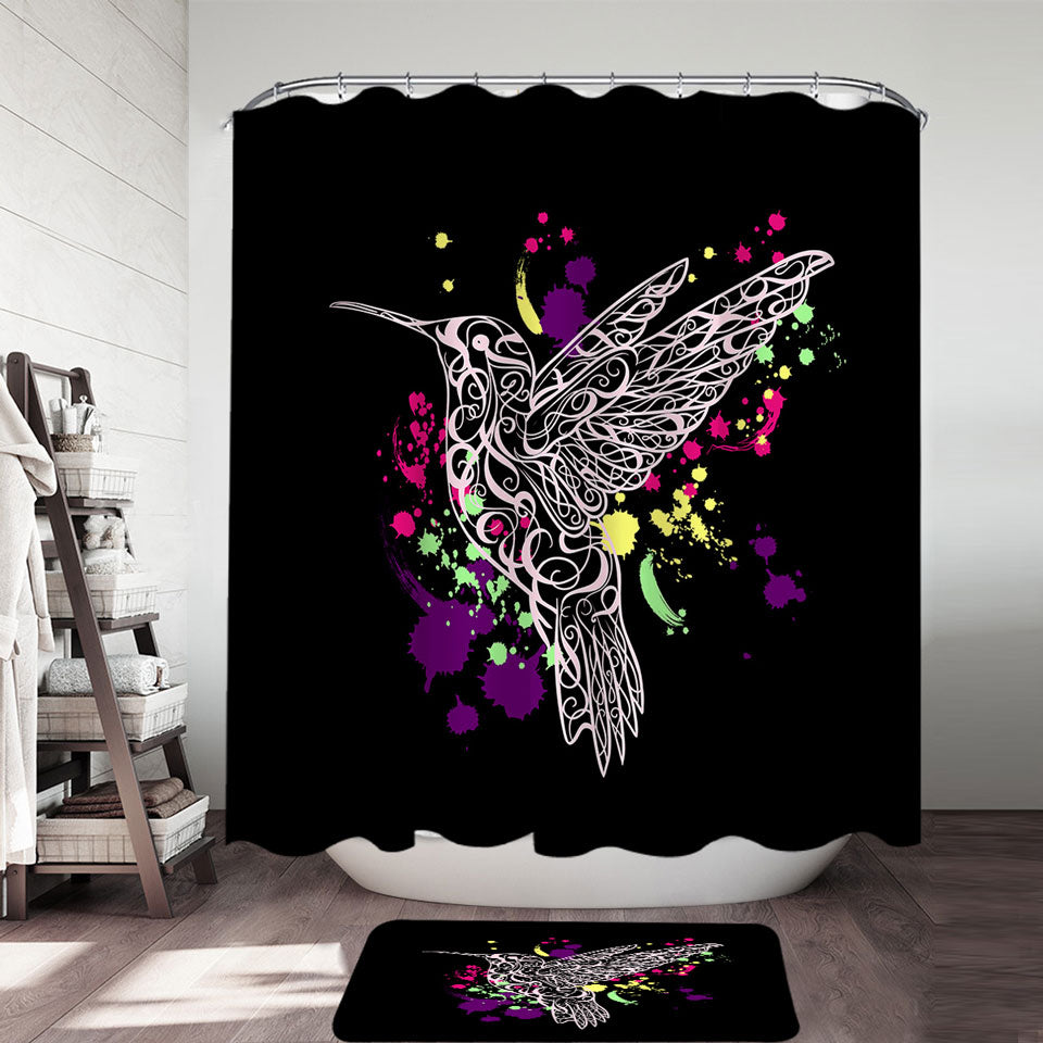 Art Shower Curtain with Multi Colored Splashes and Pinkish Hummingbird