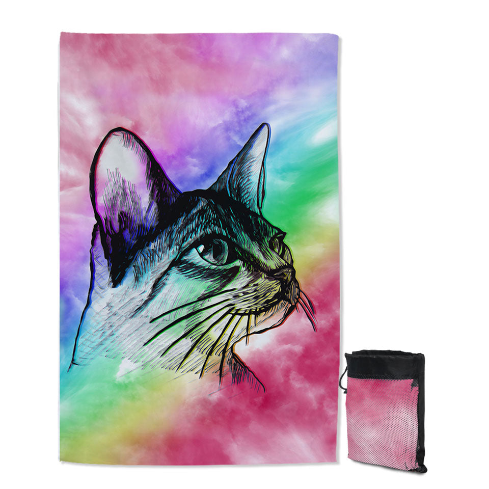 Art Thin Beach Towels Cat Drawing over Colorful Fog