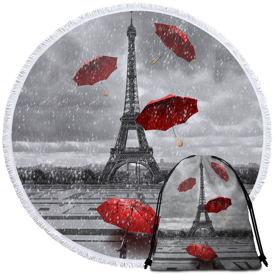Artistic Beach Towels of Photo Eiffel Tower VS Red Umbrellas