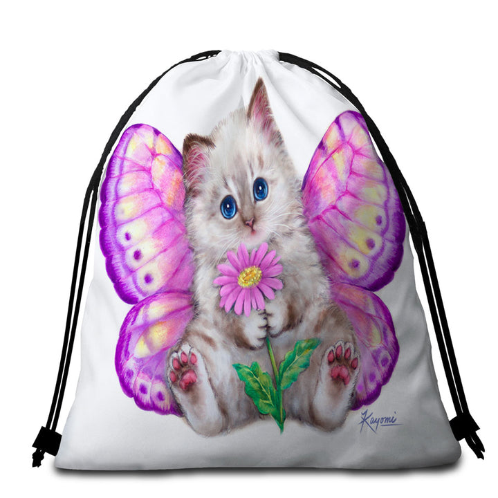 Artistic Designs Girly Beach Towel Bags Purplish Butterfly Kitten