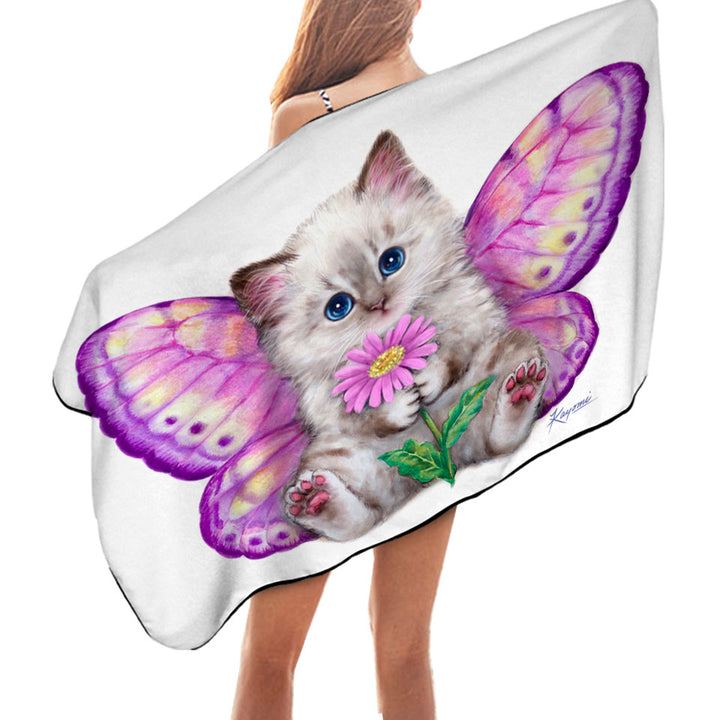 Artistic Designs Girly Beach Towels Purplish Butterfly Kitten