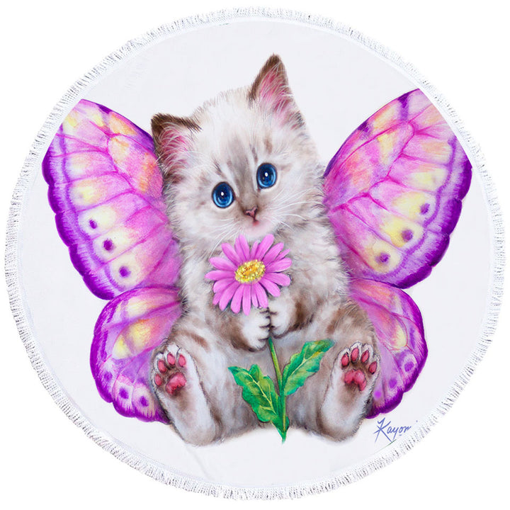 Artistic Designs Girly Round Beach Towels Purplish Butterfly Kitten