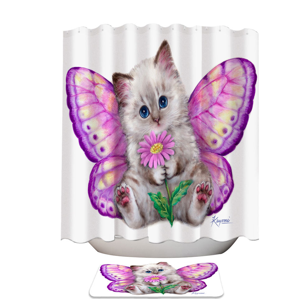 Artistic Designs Girly Shower Curtains with Purplish Butterfly Kitten