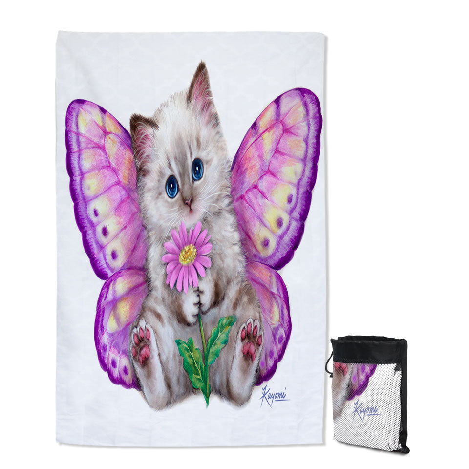 Artistic Designs Girly Travel Beach Towel Purplish Butterfly Kitten