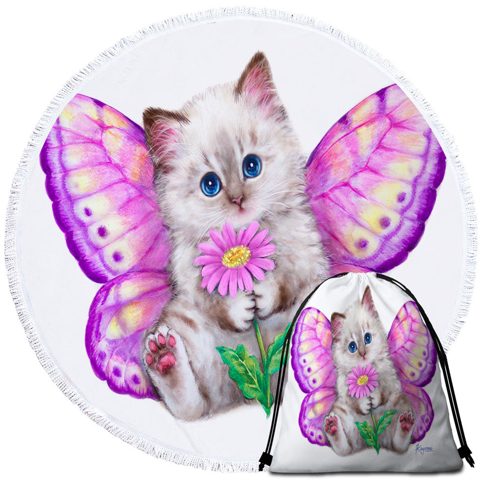 Artistic Designs Girly Unique Beach Towels Purplish Butterfly Kitten