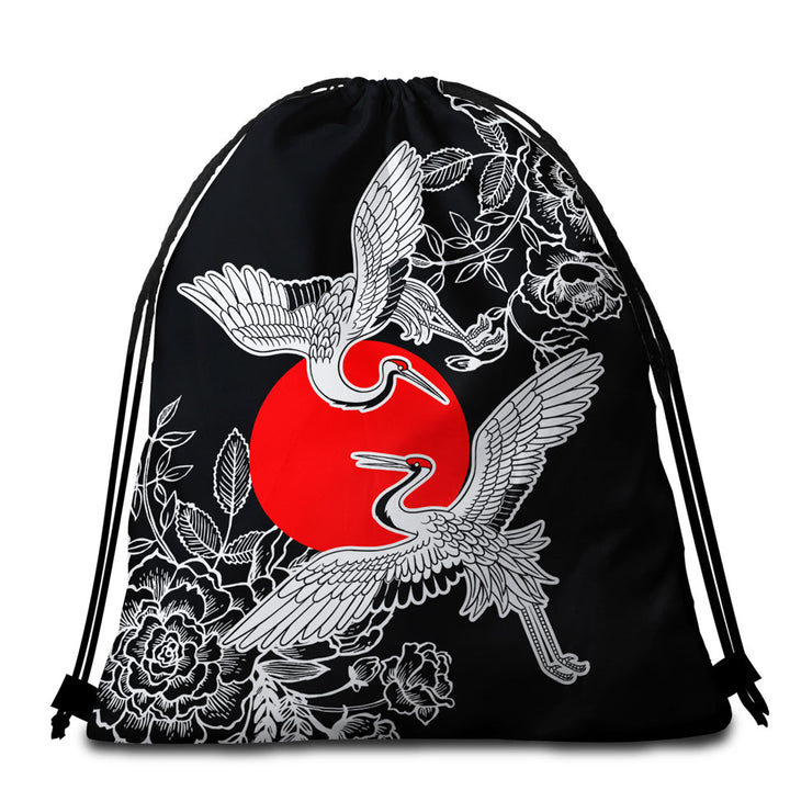 Artistic Japanese Beach Towel Bags Flowers and Storks