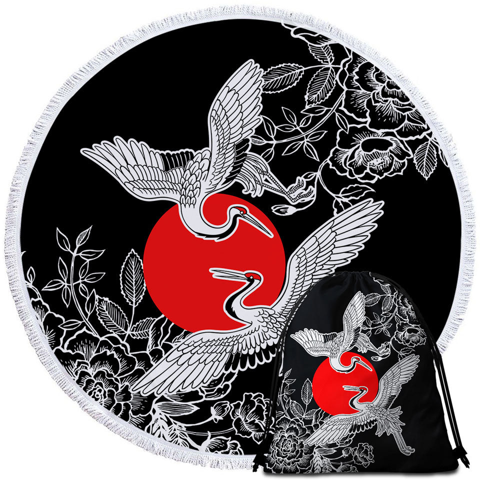 Artistic Japanese Beach Towels Flowers and Storks
