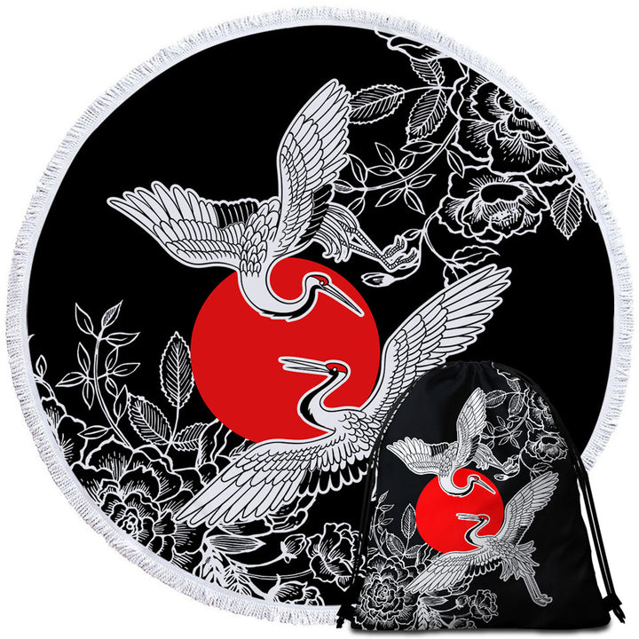Artistic Japanese Beach Towels Flowers and Storks