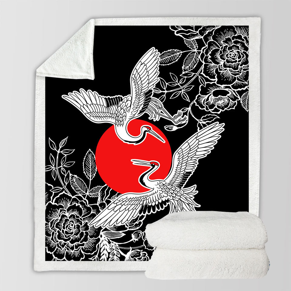 Artistic Japanese Decorative Blankets Flowers and Storks