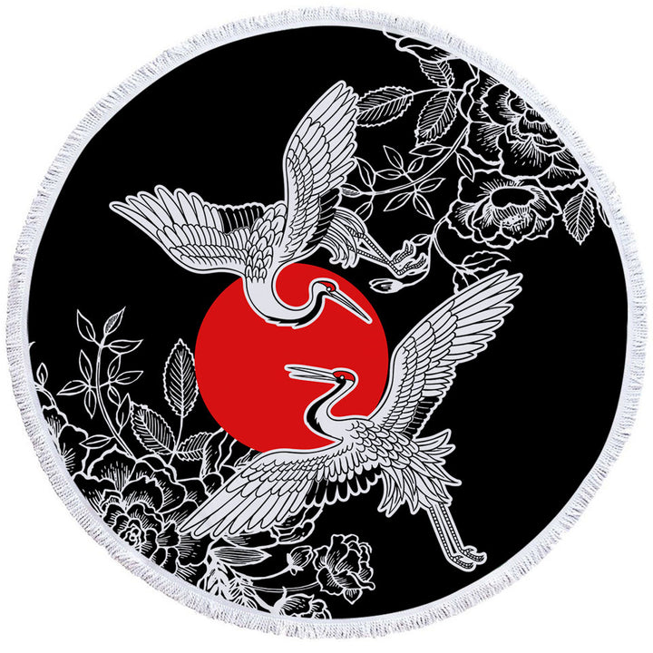 Artistic Japanese Round Beach Towel Flowers and Storks