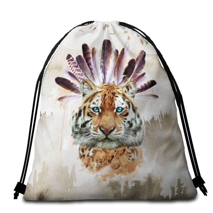 Artistic Native American Tiger Beach Towel Bags for Guys