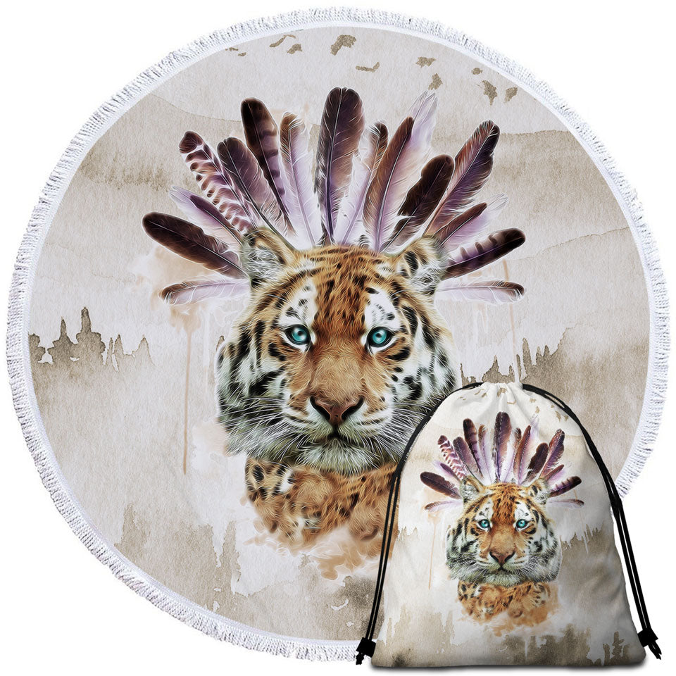 Artistic Native American Tiger Round Beach Towel for Guys