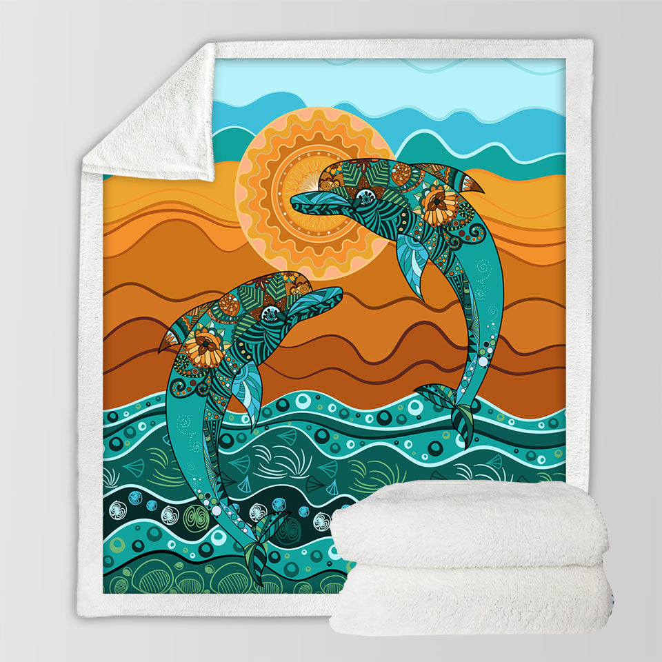 Artistic Ocean and Dolphins Fleece Blankets