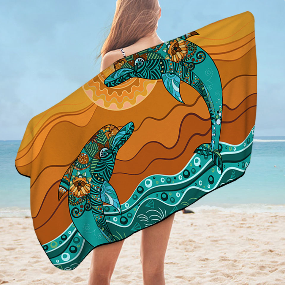 Artistic Ocean and Dolphins Microfiber Beach Towel