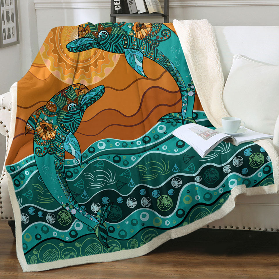 Artistic Ocean and Dolphins Throw Blanket