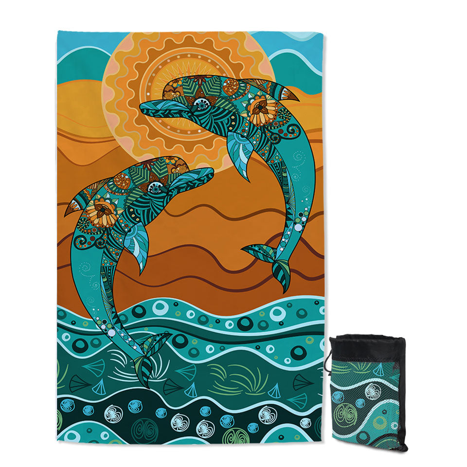 Artistic Ocean and Dolphins Travel Beach Towel