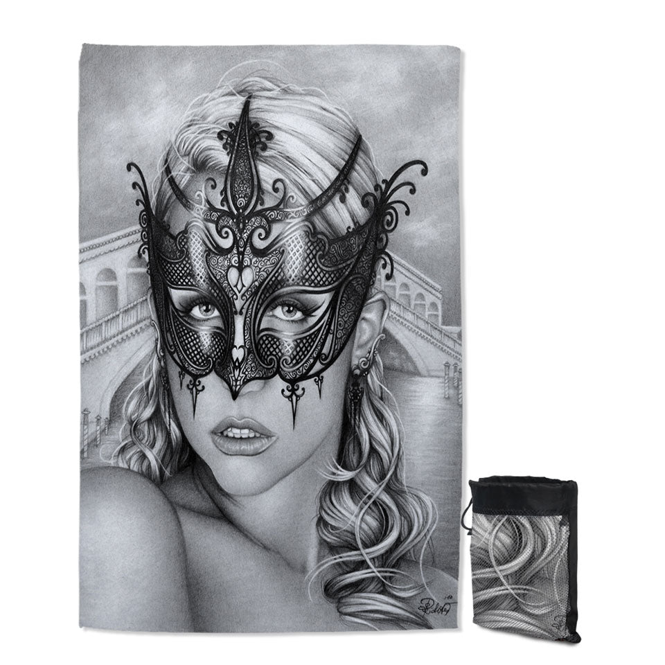Artistic Pencil Drawing Beach Towels Venice Masked Woman