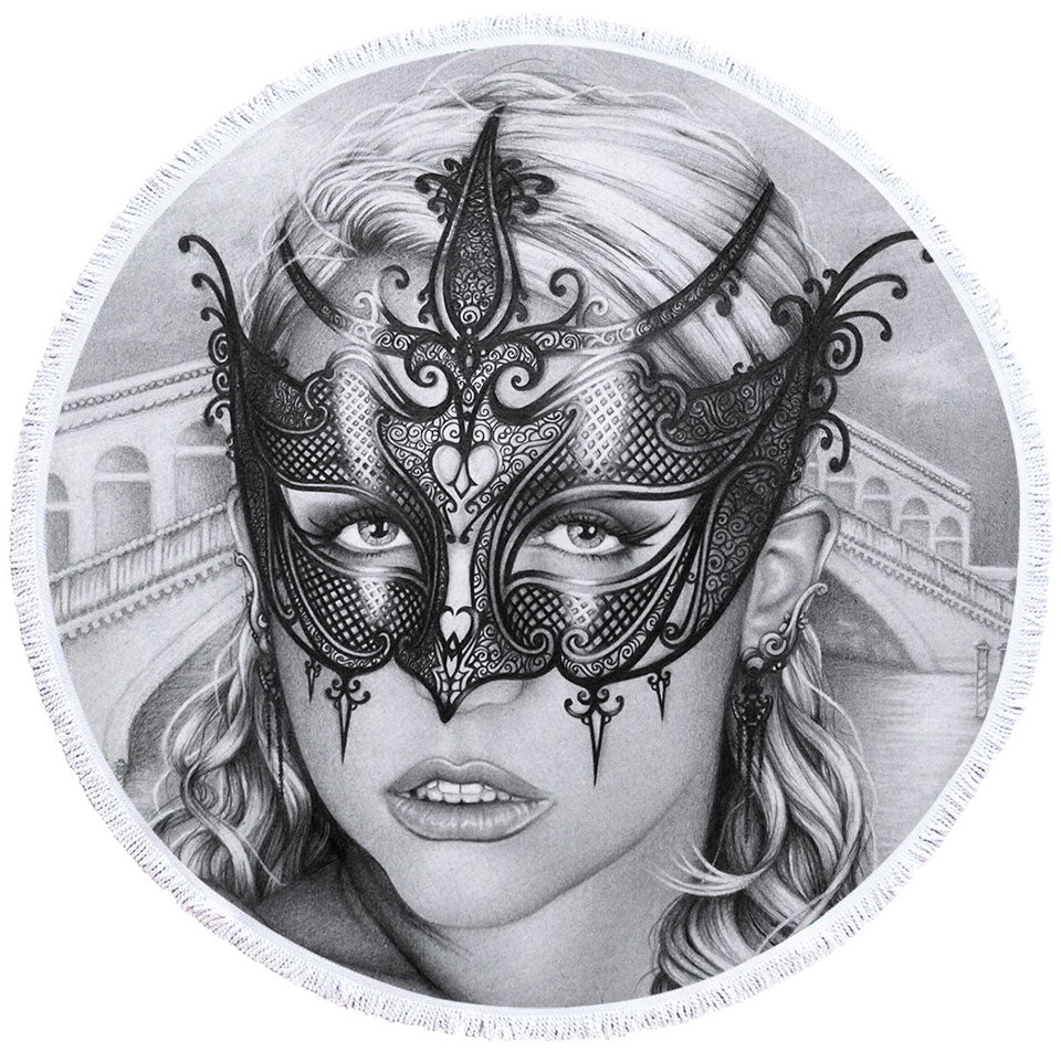 Artistic Pencil Drawing Circle Beach Towel Venice Masked Woman