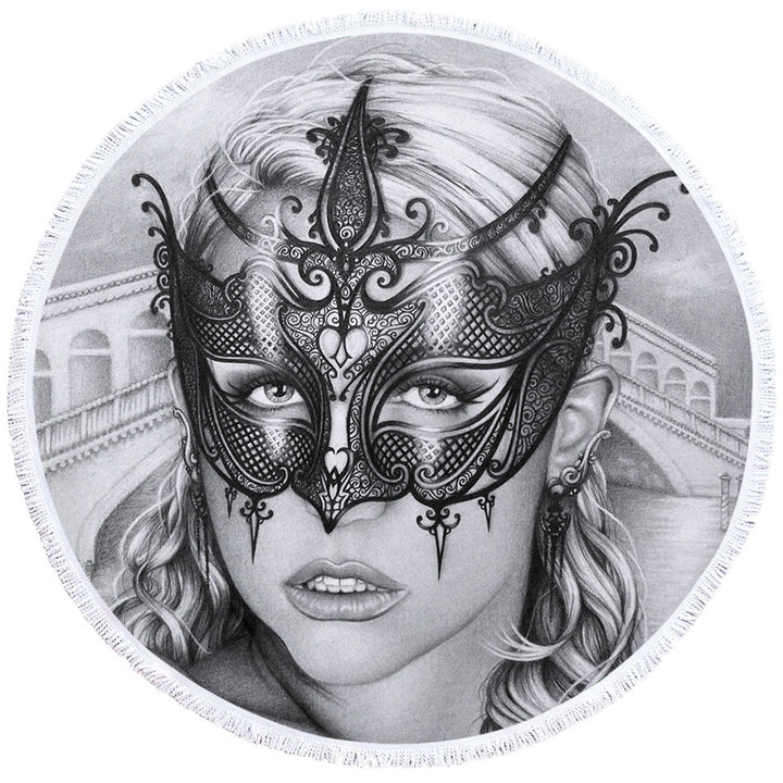 Artistic Pencil Drawing Circle Beach Towel Venice Masked Woman