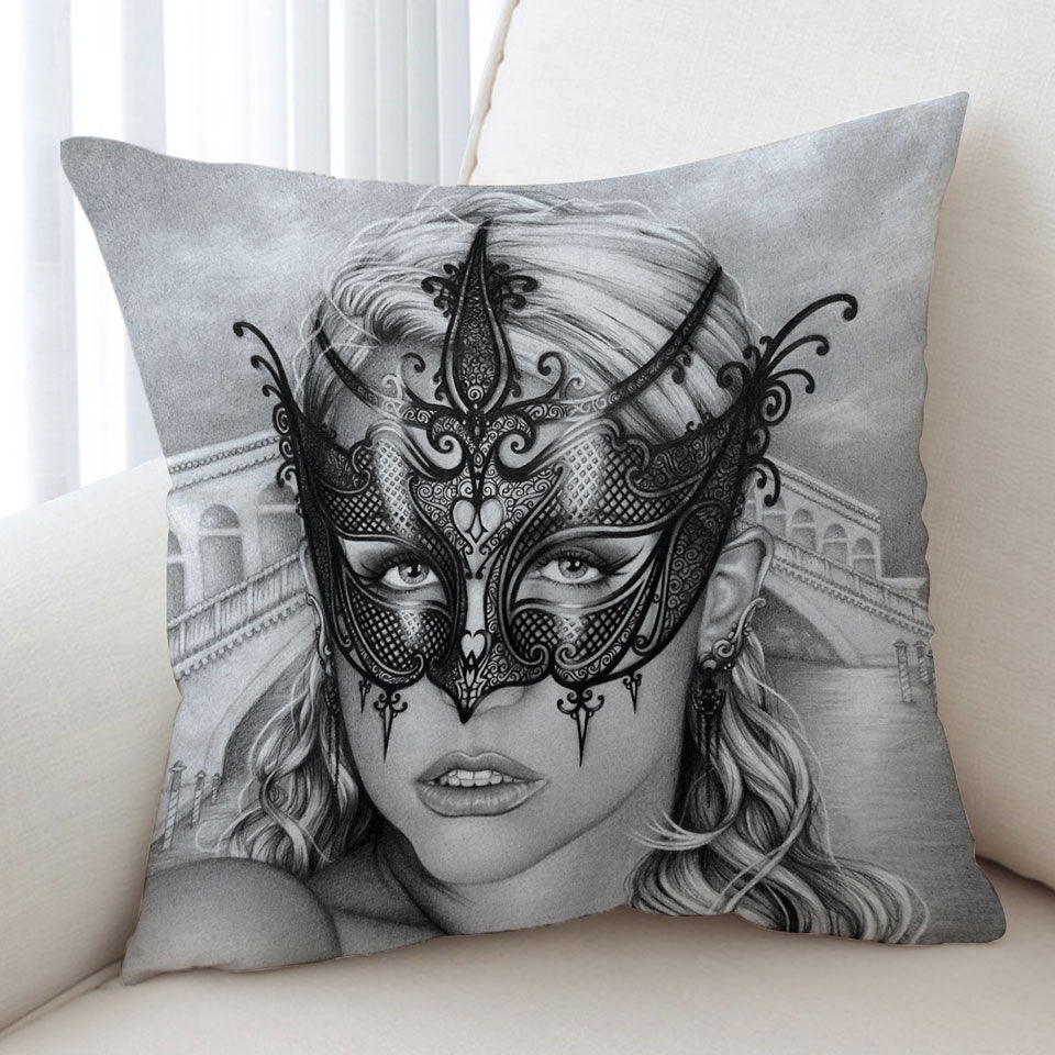 Artistic Pencil Drawing Cushion Covers Venice Masked Woman