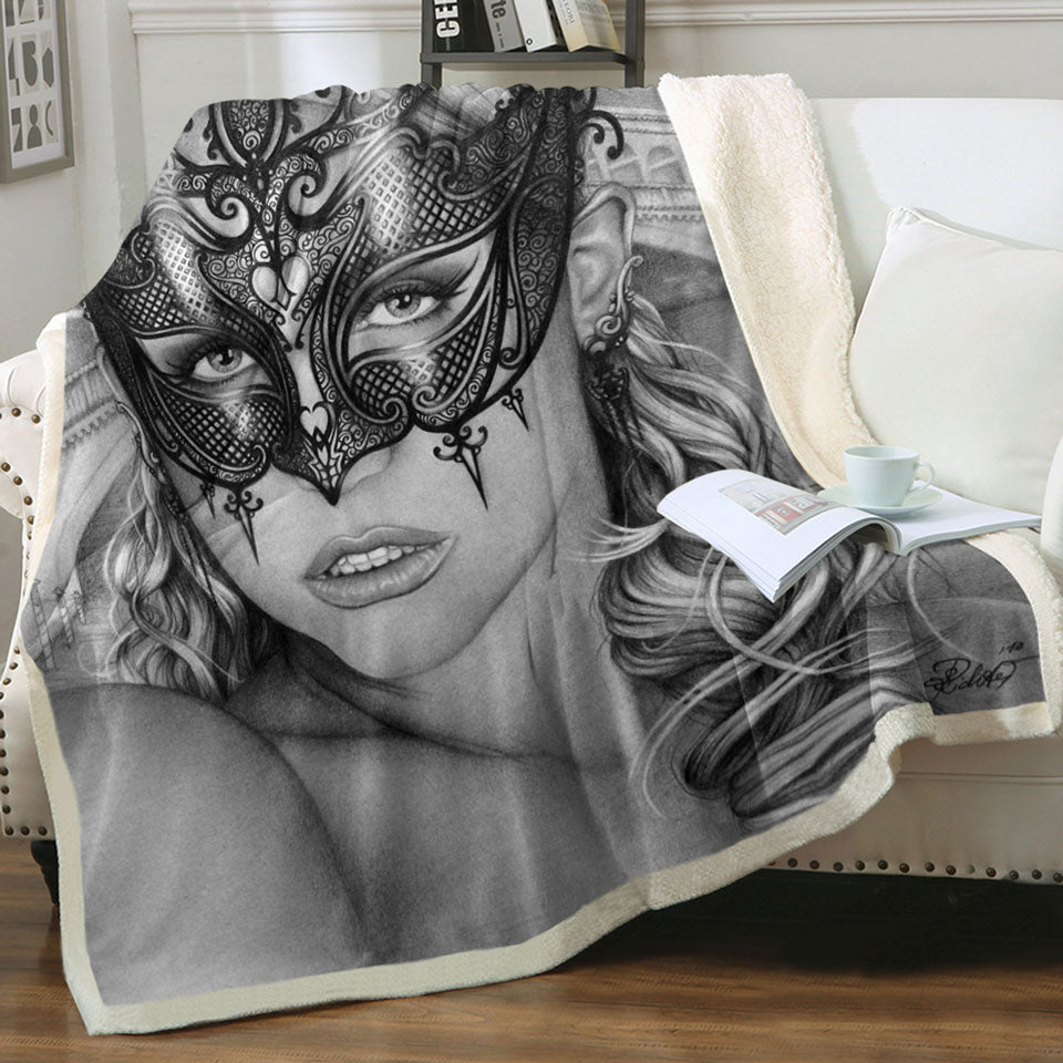 products/Artistic-Pencil-Drawing-Decorative-Blankets-Venice-Masked-Woman