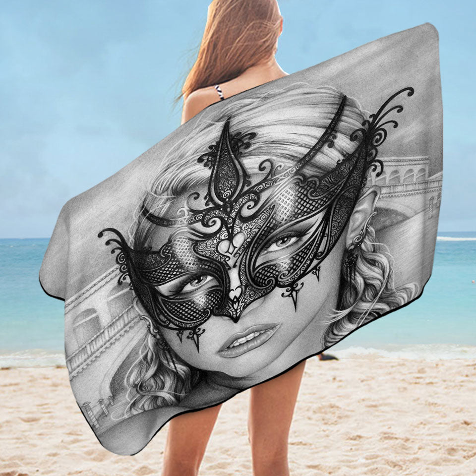 Artistic Pencil Drawing Microfiber Beach Towel Venice Masked Woman
