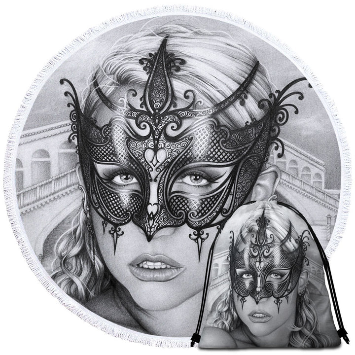 Artistic Pencil Drawing Unique Beach Towels Venice Masked Woman