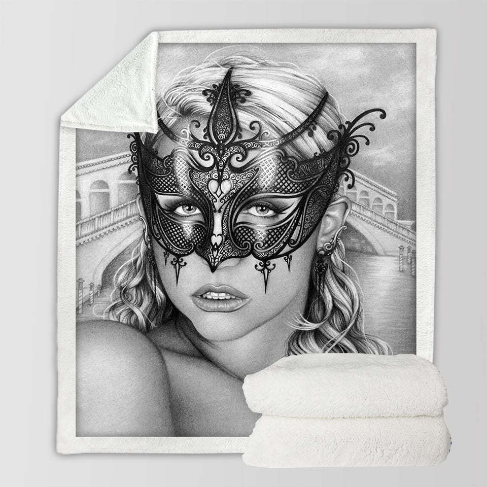products/Artistic-Pencil-Drawing-Unique-Throws-Venice-Masked-Woman