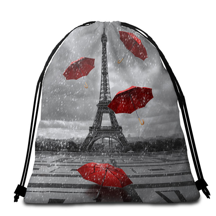 Artistic Photo Eiffel Tower VS Red Umbrellas Beach Bags and Towels