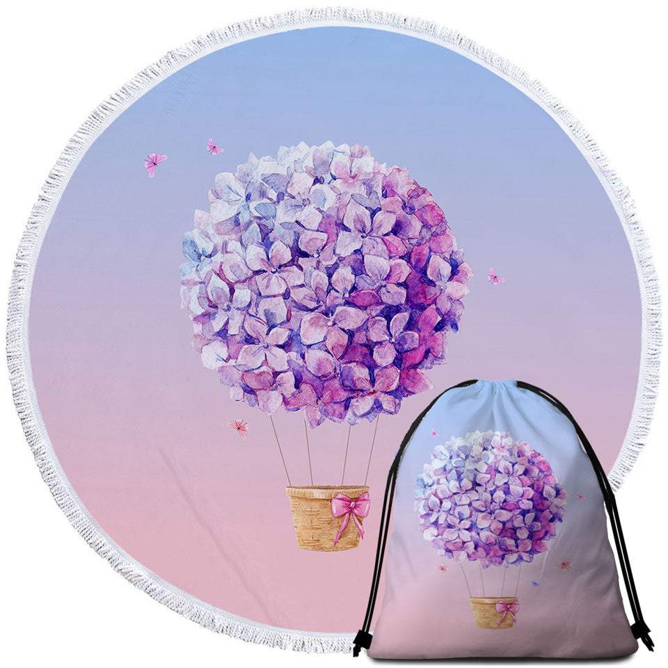 Artistic Purple Beach Towels and Bags Set Flowers Hot Air Balloon