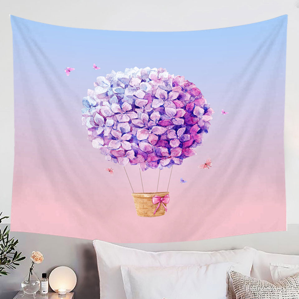 Artistic Purple Flowers Hot Air Balloon Wall Decor Tapestry