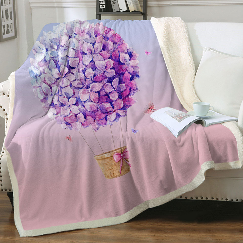 Artistic Purple Throw Blanket Flowers Hot Air Balloon