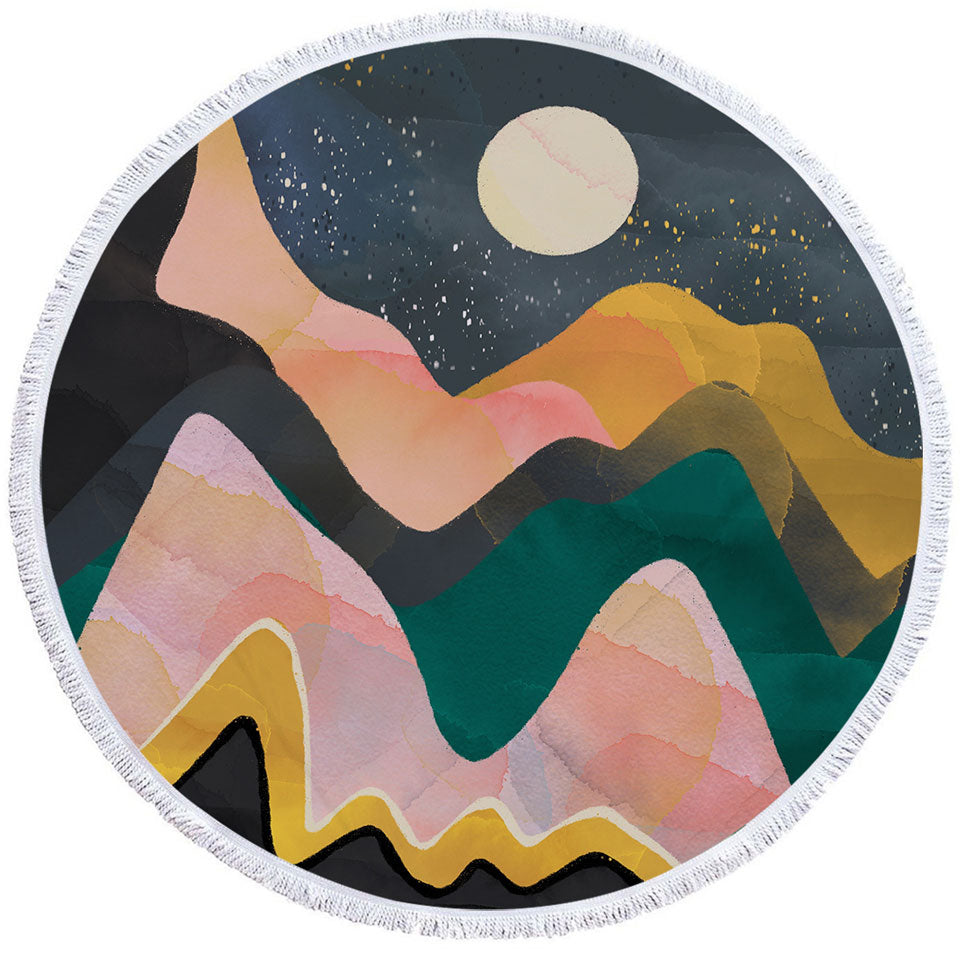 Artistic Round Beach Towel Mountains under a Full Moon