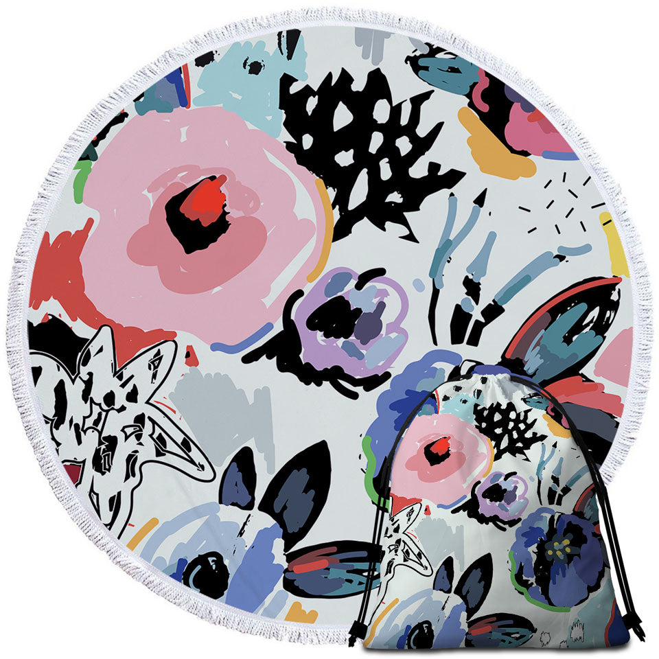 Artistic Round Beach Towel Painted Flowers