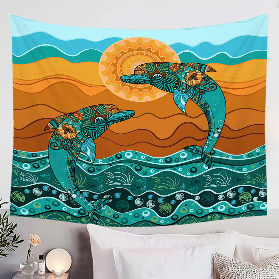 Artistic Tapestry Wall Hanging with Ocean and Dolphins