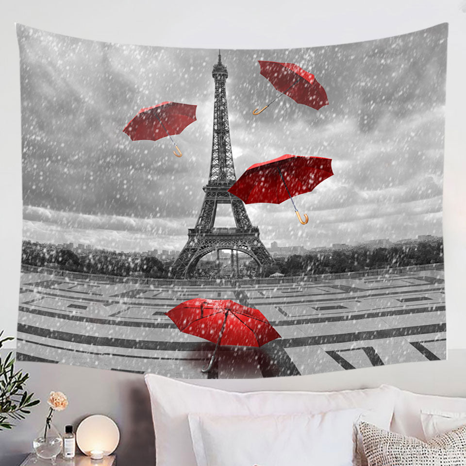 Artistic Wall Decor Tapestry Fabric Prints with Photo Eiffel Tower VS Red Umbrellas