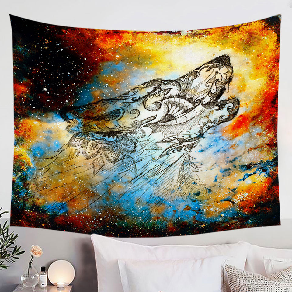 Artistic Wall Decor Tapestry with Native American Wolf Sprit