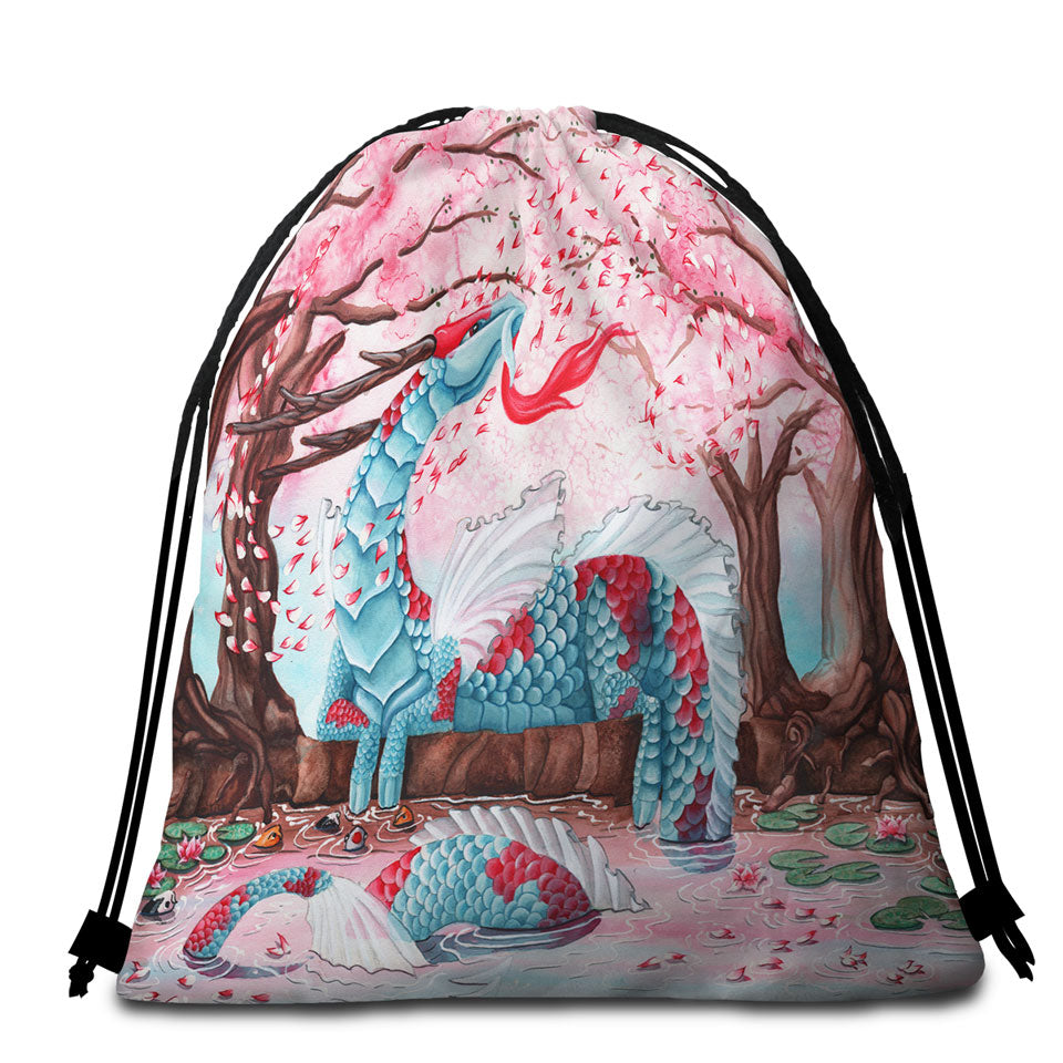 Artwork Cherry Blossom Breeze Japanese Dragon Beach Bags and Towels