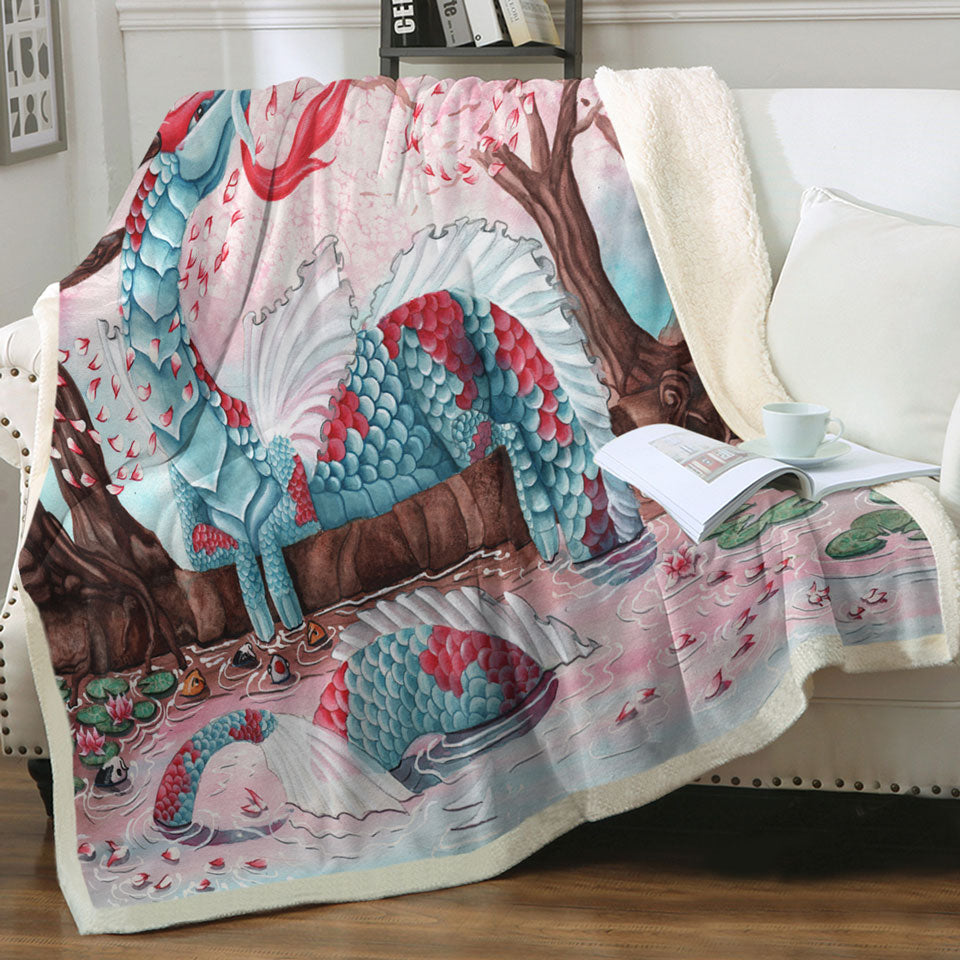 Artwork Cherry Blossom Breeze Japanese Dragon Decorative Blankets for Cool Apartment