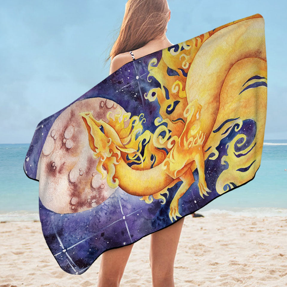 As the Sun Dances Yellow Dragon Art Microfiber Beach Towel for Sale