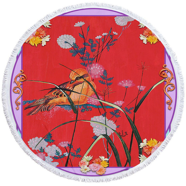 Asian Art Painting Bird Circle Beach Towel